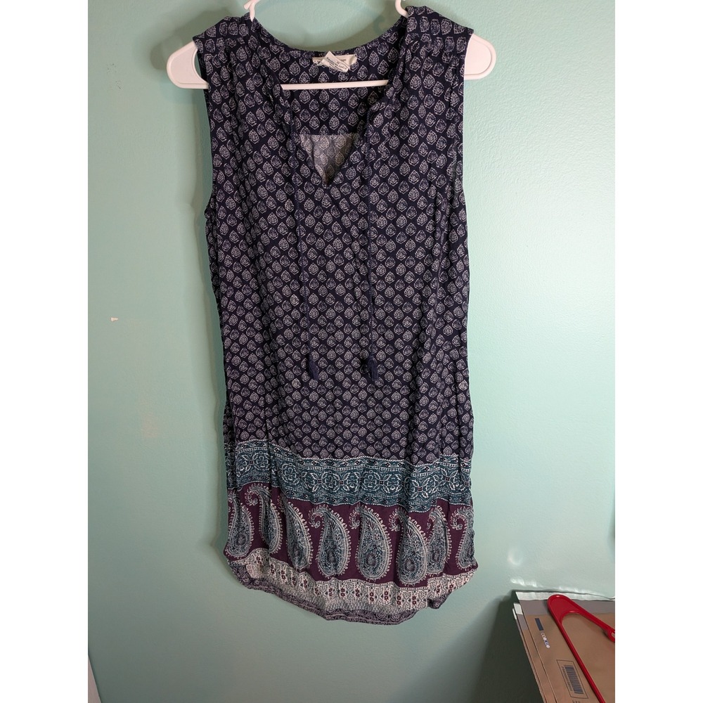 Beachlunchlounge Womens‎ Medium Blue Paisley Boho Tassel Rayon Sleeveless Dress